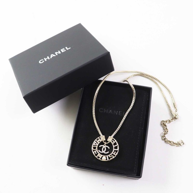 CHANEL Y22X Mademoiselle Rhinestone Coco Mark Necklace Pendant Gold With Box