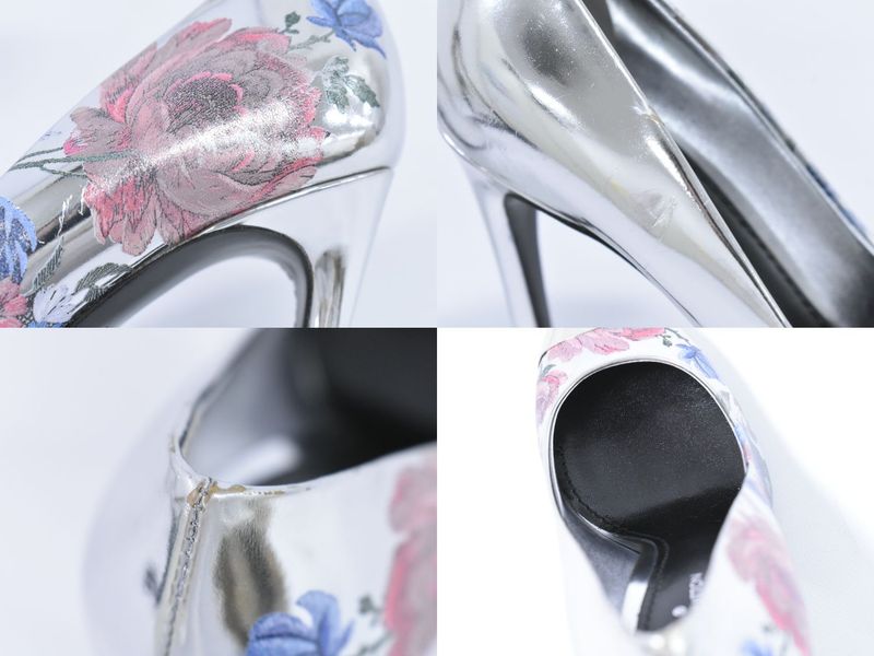 Authentic Louis Vuitton LV Floral Pumps Heels 34H Metallic Cles Zar Silver