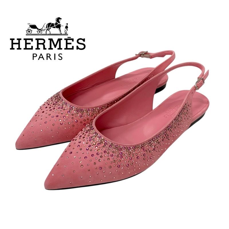 Hermes Flat Shoes Suede Pink Unused Ring Back Rhinestone