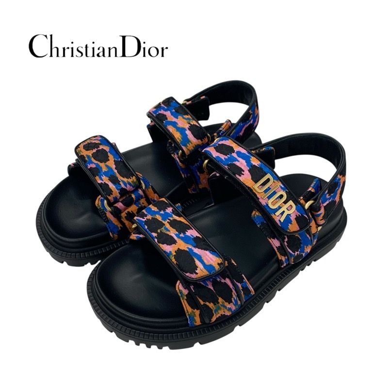 Christian Dioract Sandals Shoes Leather Black Multicolor Logo Velcro Strap