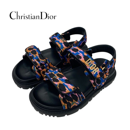 Christian Dioract Sandals Shoes Leather Black Multicolor Logo Velcro Strap