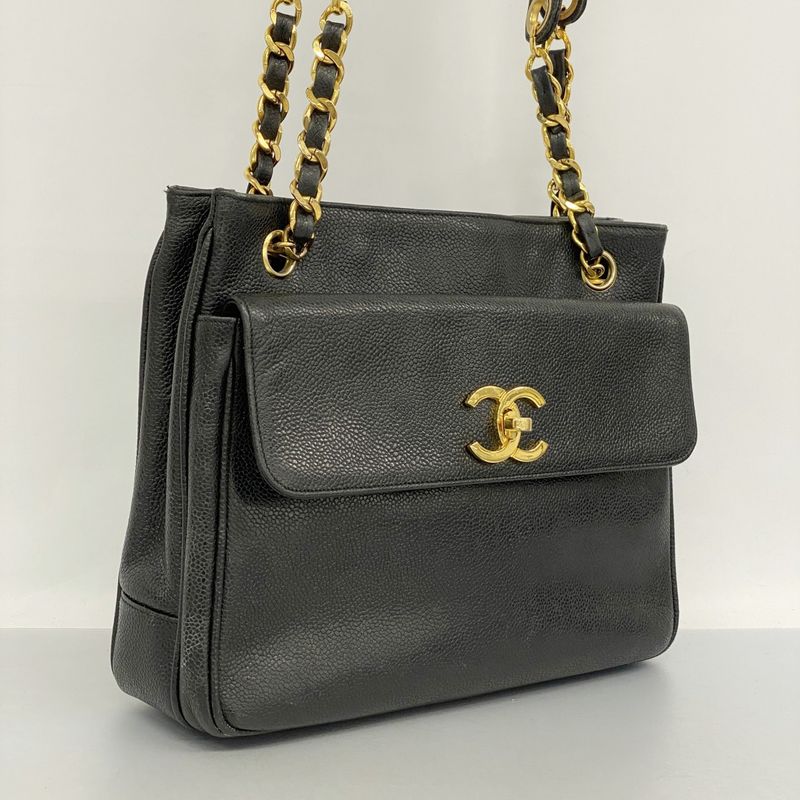 Chanel Shoulder Bag Caviar Skin Black Gold Hardware Women