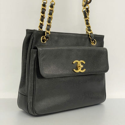 Chanel Shoulder Bag Caviar Skin Black Gold Hardware Women