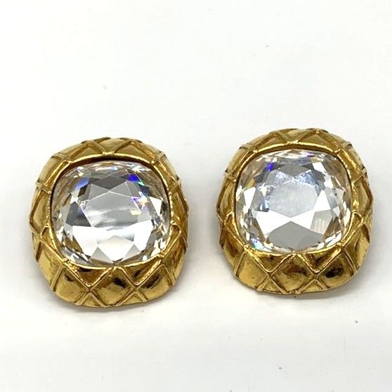 Chanel Large Earring Matelasse Clear Stone Gold Accessories Women's Fashion