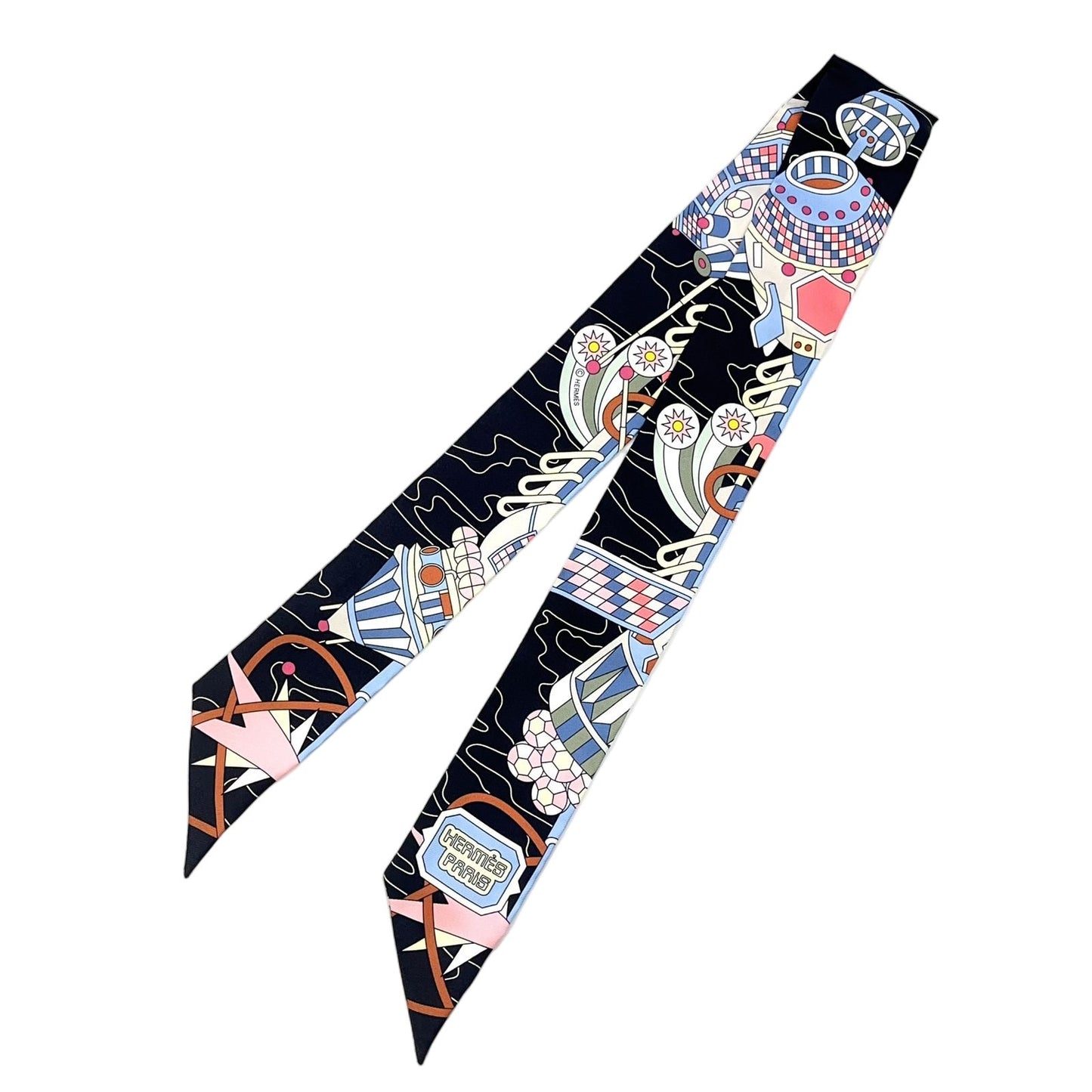 Hermes Twilly Odyssey Silk Black White Scarf
