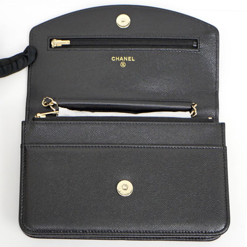 Chanel Chain Wallet Ap4653 Grained Shiny Calfskin Black Gold Hardware