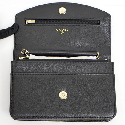 Chanel Chain Wallet Ap4653 Grained Shiny Calfskin Black Gold Hardware