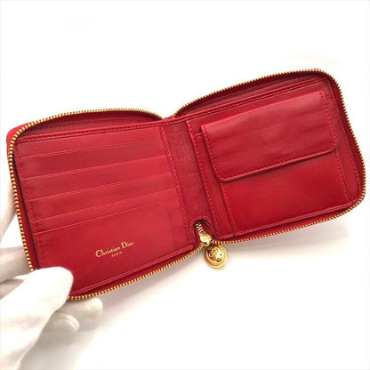 Dior Lady Cage Leather Bifold Round Compact Wallet Red