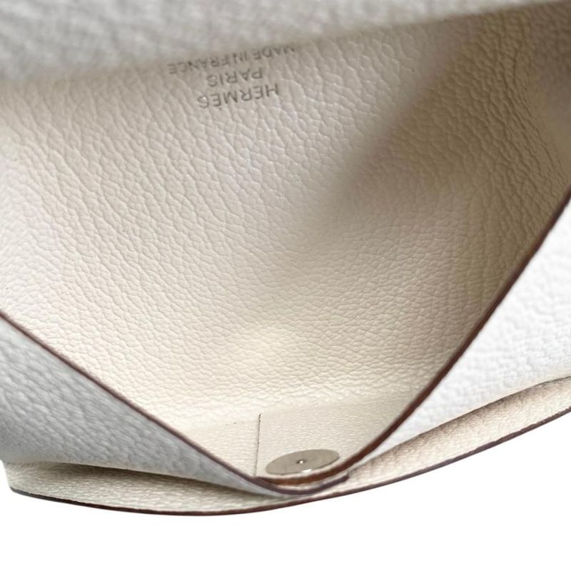 Hermes Card Case Coin Case Calvi Duo W Engraved Nata White Silver Hardware