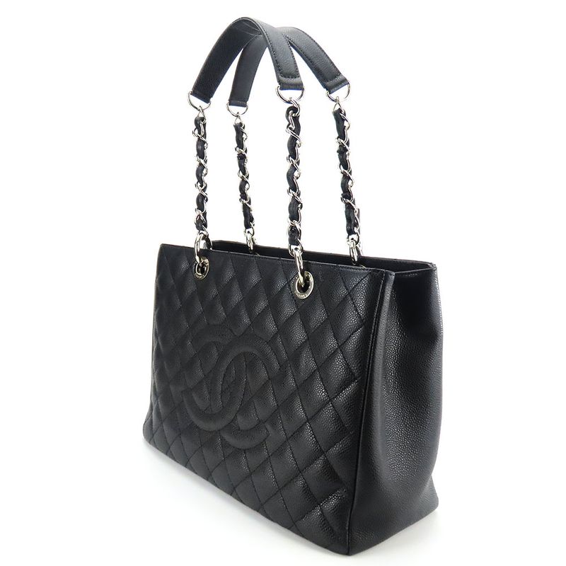 Chanel Tote Bag GST Matelasse Caviar Skin Black Silver Hardware Chain 14 Coco