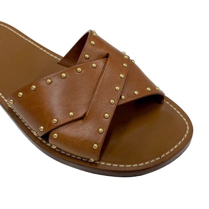 Celine Sandals Shoes Leather Brown Gold Flat Sandals Mules Studs