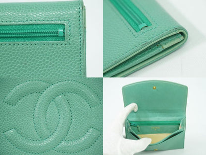 Authentic Chanel Coco Mark Fold Wallet Compact Wallet Caviar Skin Leather Light