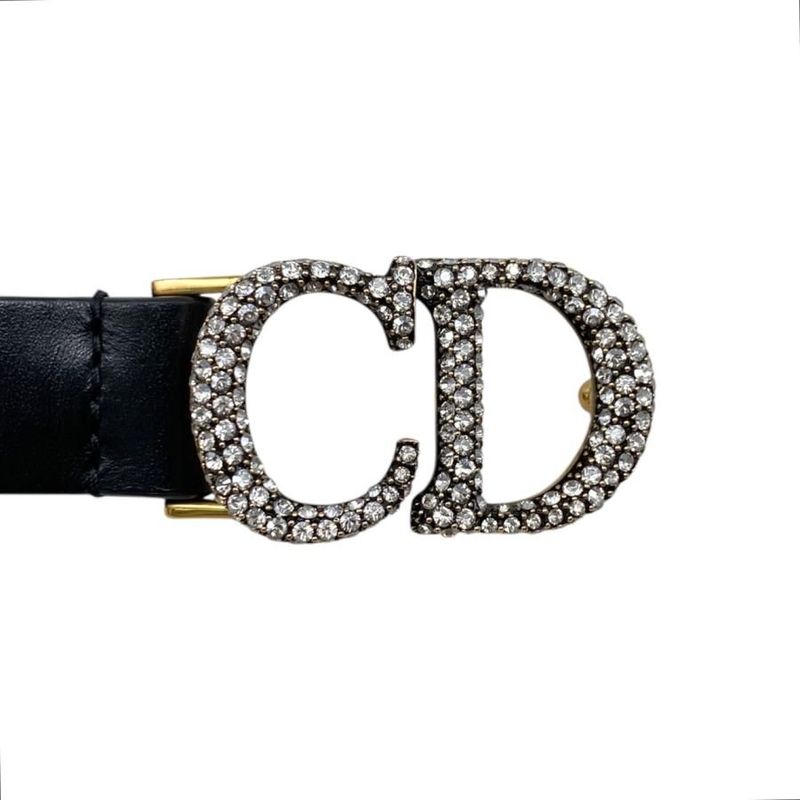 Christian Dior Belt CD Logo Rhinestone Leather Black Gold Hardware Christian