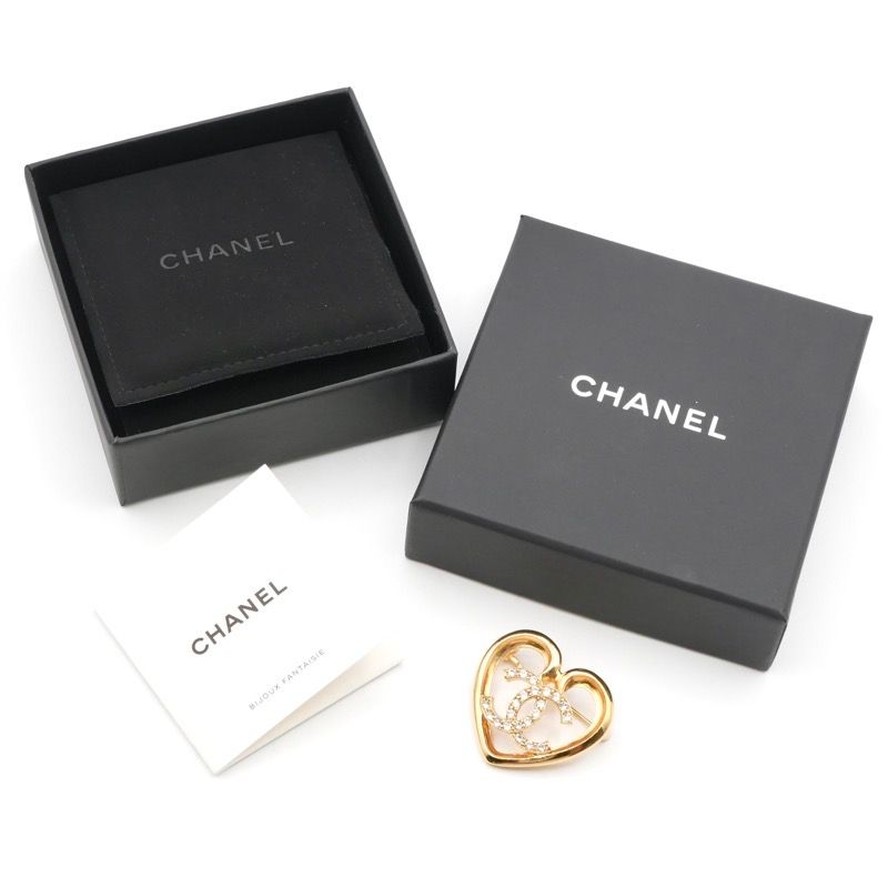 Chanel Brooch Corsage Gold Heart Here Mark Rhinestone