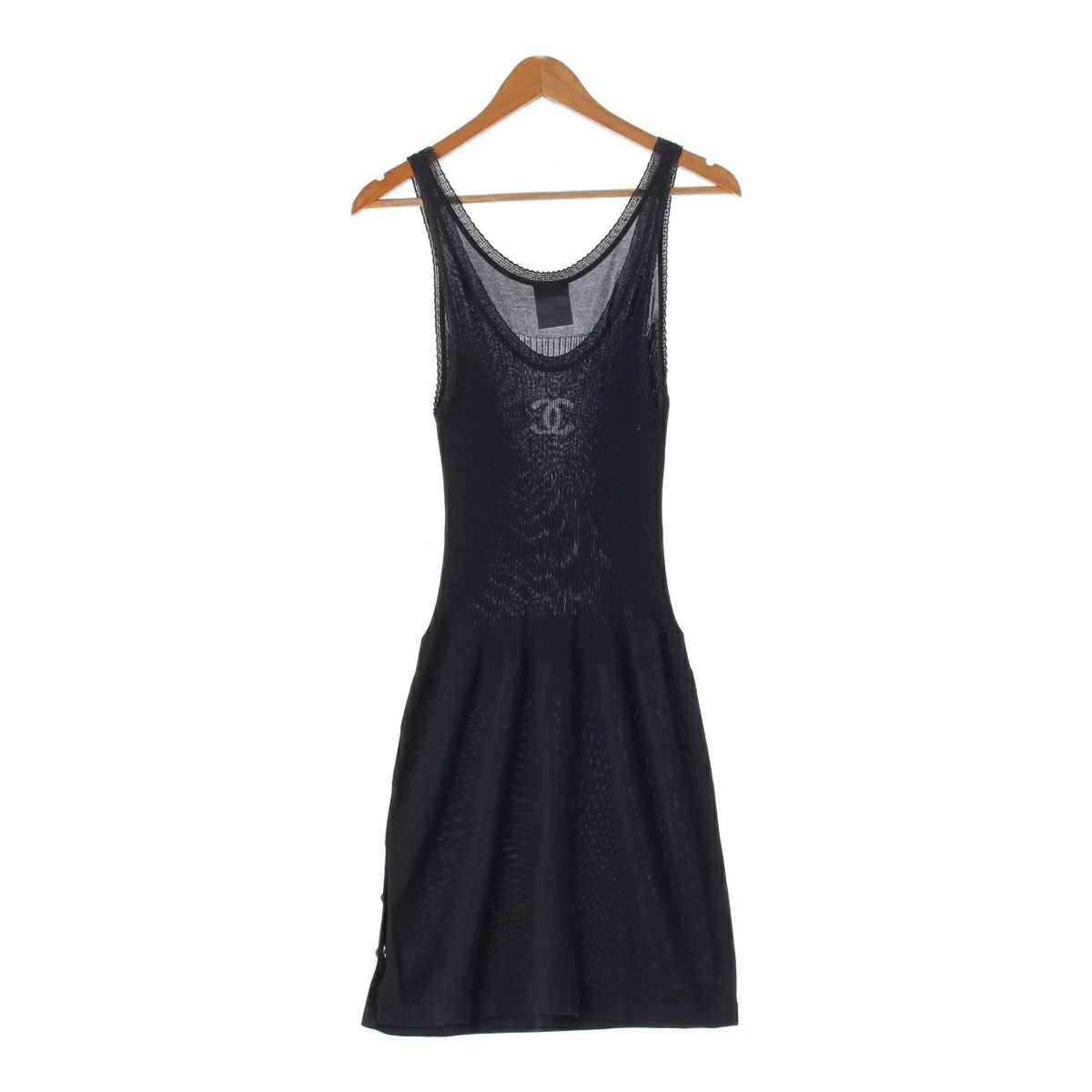 CHANEL Cotton Silk Coco Rib Knit Mini Dress Sleeveless Tank Top Black 38