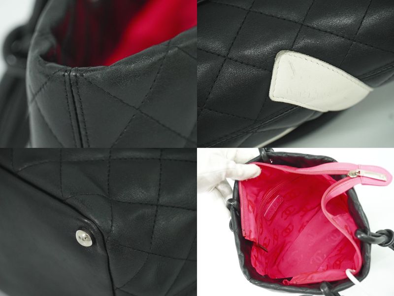 Authentic Chanel Coco Mark Cambon Line Tote Handbag Leather Black White Cambon