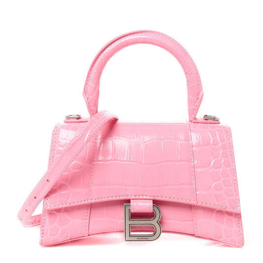 BALENCIAGA Hourglass Handle Mini Bag Crocodile Embossed Leather XS Pink Tote