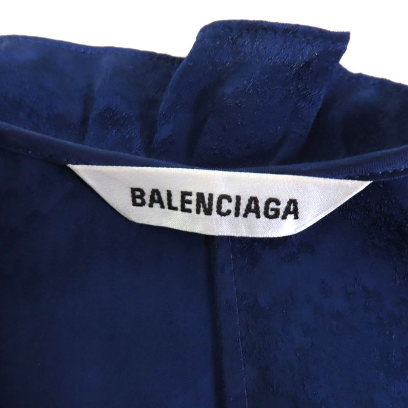 Balenciaga 2021 663002 Satin Jacquard Twill Panel Pleated Midi Dress Navy 36