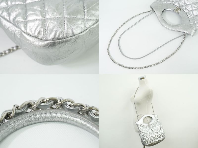 Authentic Chanel 31 Coco Mark 2WAY Chain Shoulder Bag Handbag Leather Silver