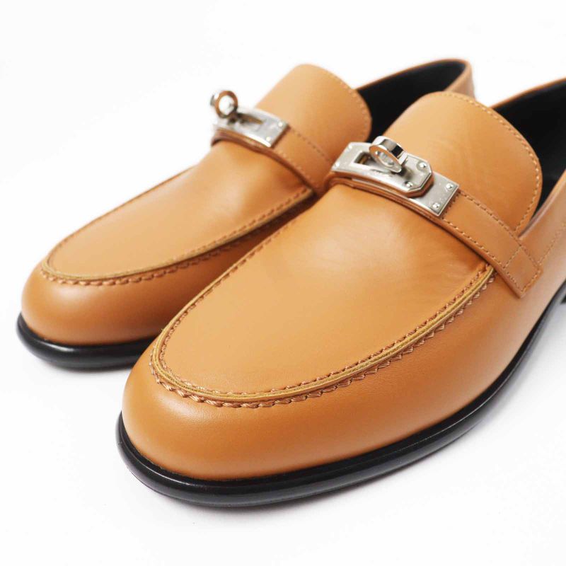 Hermes Destin Silver Hardware Kelly Buckle Leather Loafers Camel 36.5 With Box