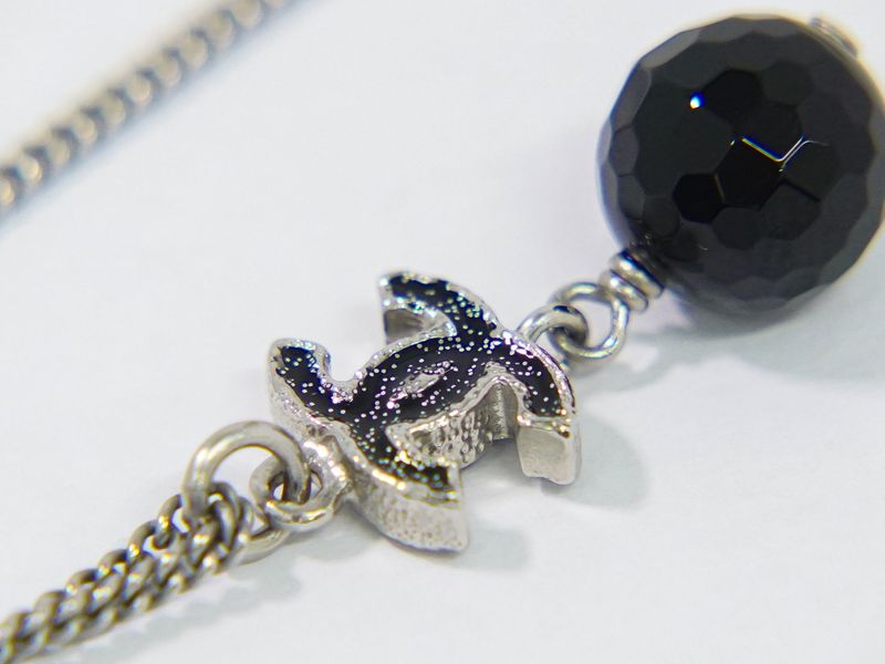 Authentic Chanel Coco Mark Necklace Pendant Metal Silver Hardware Black Coco