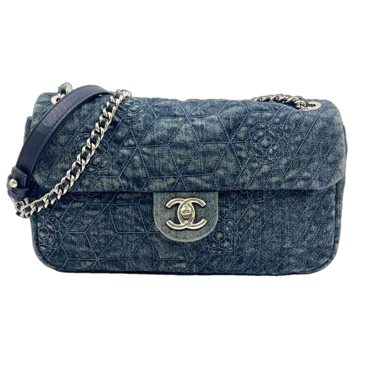 Chanel Camellia Chain Shoulder CC Logo Quilted Denim Blue Bag Silver