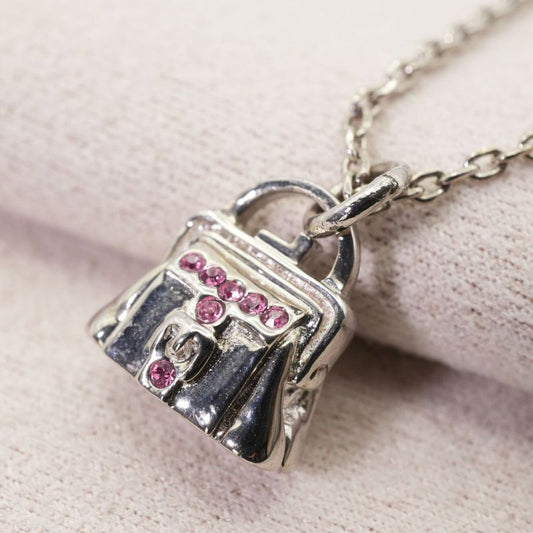 Celine Bag Shape Necklace Silver Pink Stone Bag 24-4636