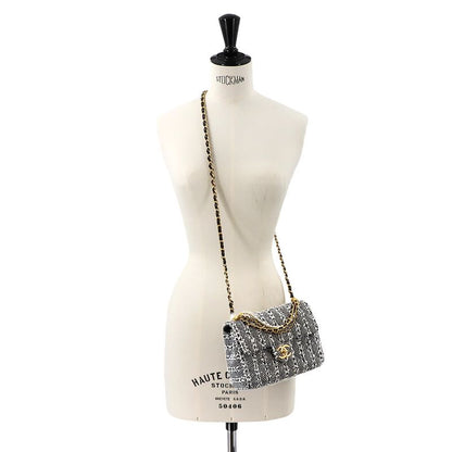 Exhibited Chanel Pearl Chain 2way Hand Shoulder Bag Tweed Lambskin White Black