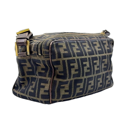 Fendi Zucca Pattern Square Leather Canvas Dark Brown Shoulder Bag Gold — view 2