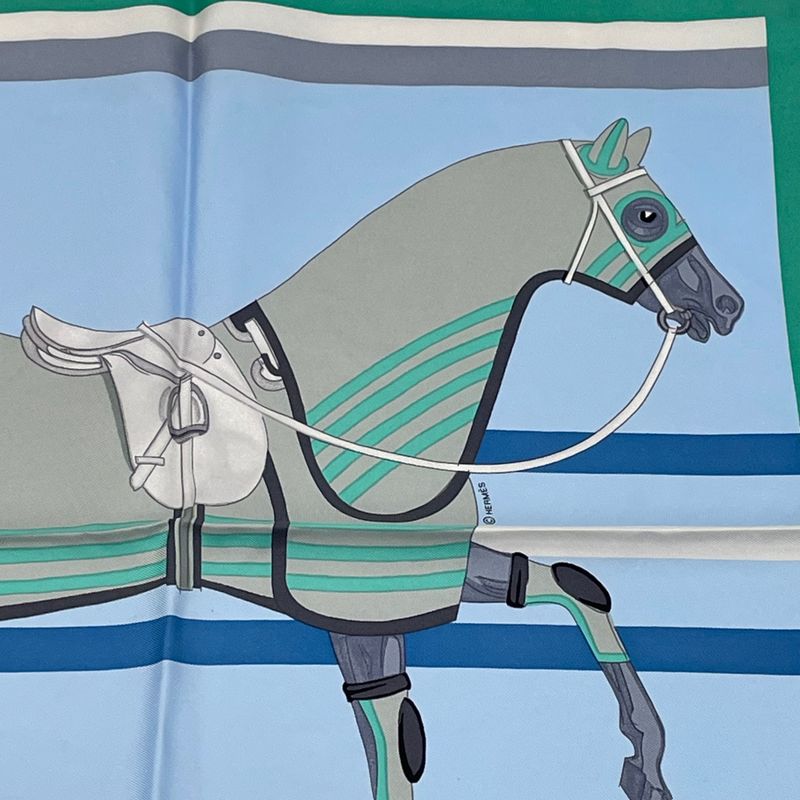 Hermes Scarf With Horsehair Cheval A La Couverture Silk Blue
