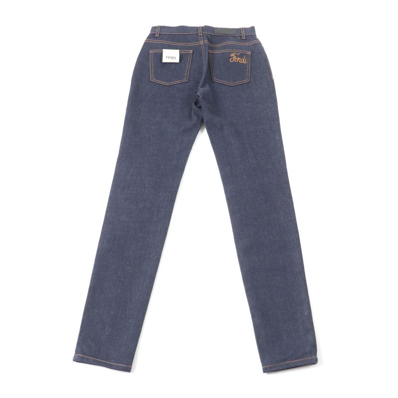 Fendi Flp673 Leather Denim Pants With Logo Patch And Logo Button Bottoms Indigo