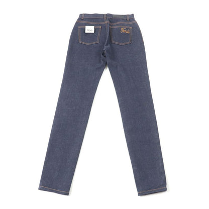 Fendi Flp673 Leather Denim Pants With Logo Patch And Logo Button Bottoms Indigo