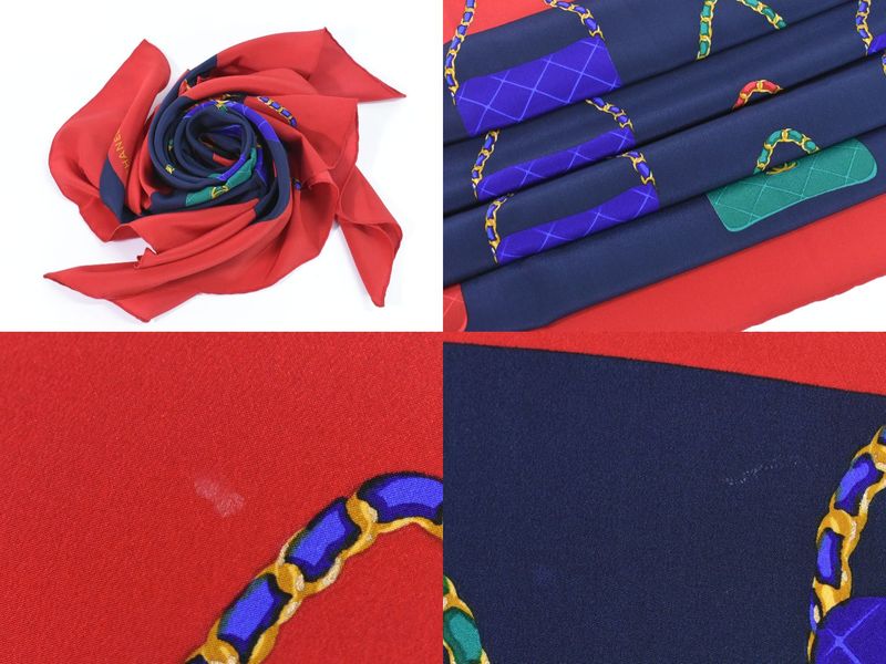 Authentic Chanel Bag Motif Scarf Shawl Bandana Silk Red Navy Multicolor