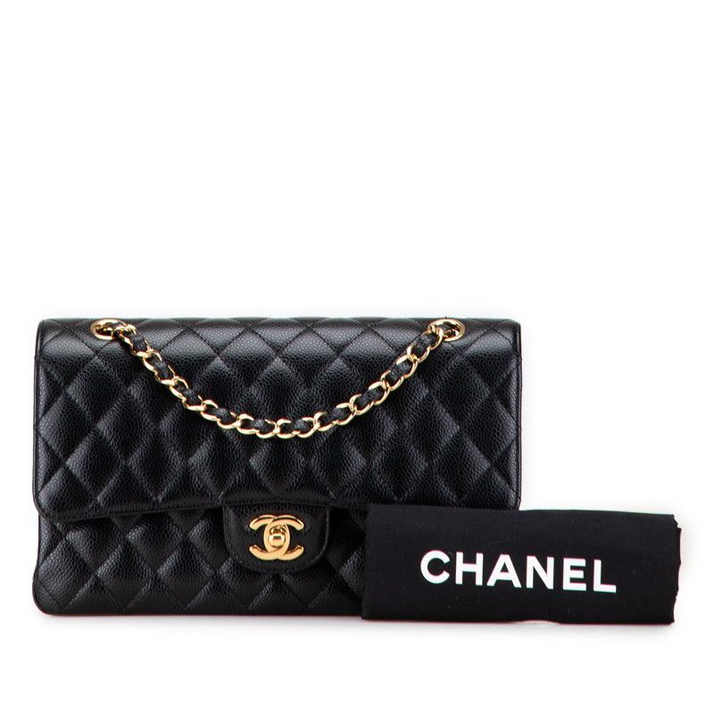 Chanel Matelasse 25 Coco Mark Double Flap Chain Shoulder Bag Black Caviar Skin