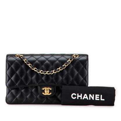 Chanel Matelasse 25 Coco Mark Double Flap Chain Shoulder Bag Black Caviar Skin