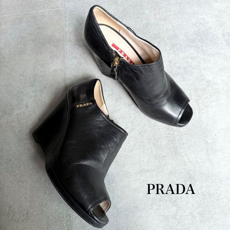 Prada Leather Wedge Sole Logo Booties 35 1 2 22.5cm (8.86in) Short Boots Black