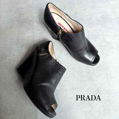 Prada Leather Wedge Sole Logo Booties 35 1 2 22.5cm (8.86in) Short Boots Black