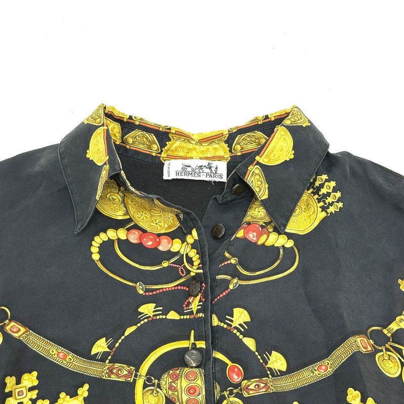 Hermes Long-sleeved Shirt Vintage Twillraine Silk Black And Gold