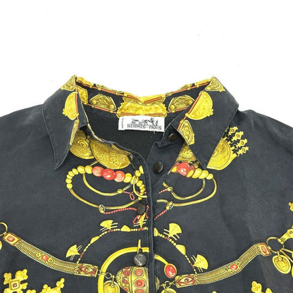Hermes Long-sleeved Shirt Vintage Twillraine Silk Black And Gold