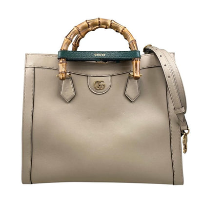 Gucci Tote Bag Diana Bamboo 655658 Leather Double G Beige Gold Hardware Gucci