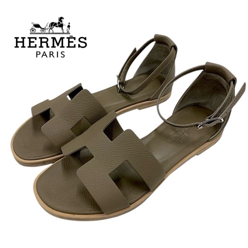 Hermes Santorini Sandals Shoes Leather Brown Flat Sandals Etoupe