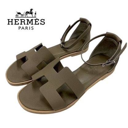 Hermes Santorini Sandals Shoes Leather Brown Flat Sandals Etoupe
