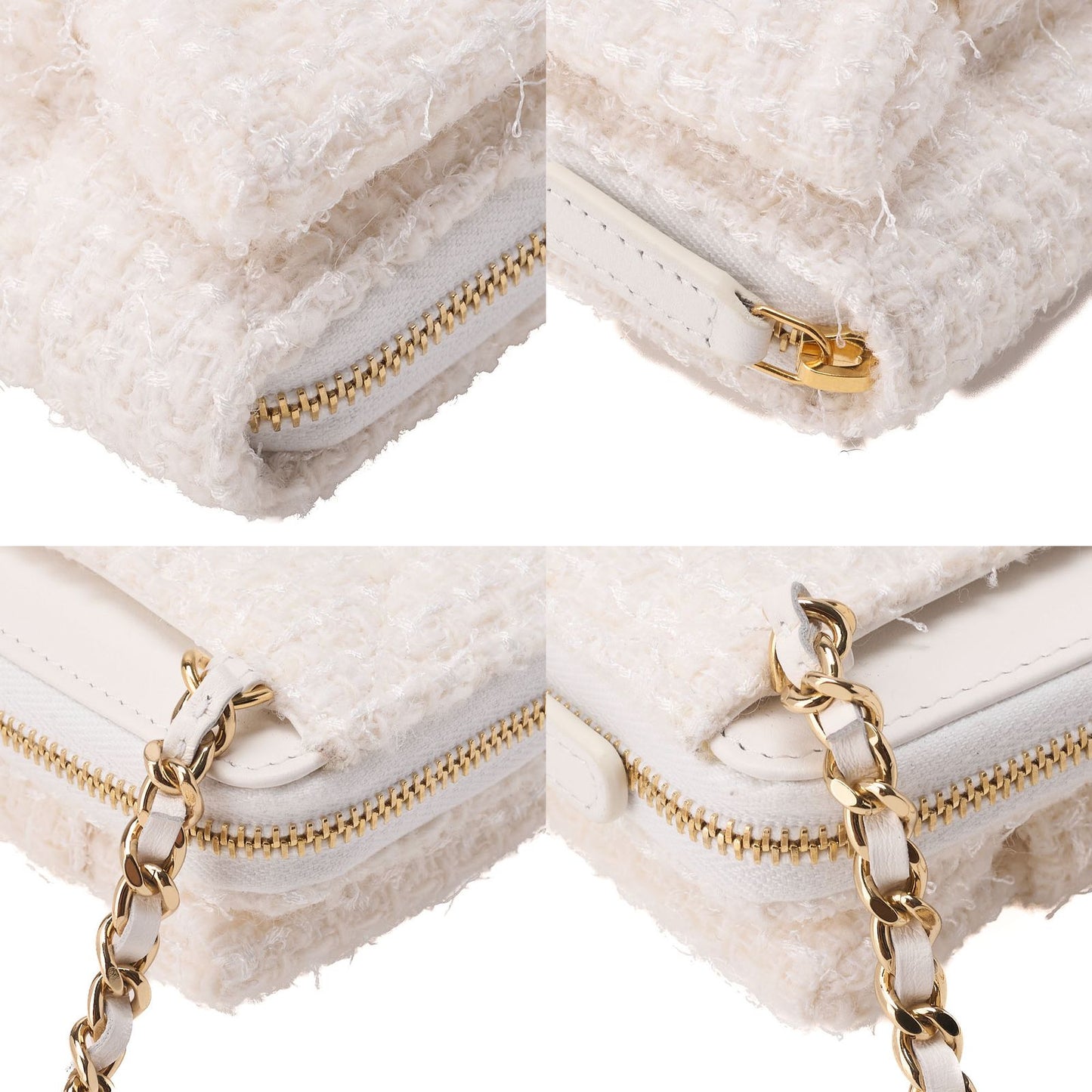 Chanel Mini Matelasse Chain Shoulder Ribbon Tweed White With Gold Hardware