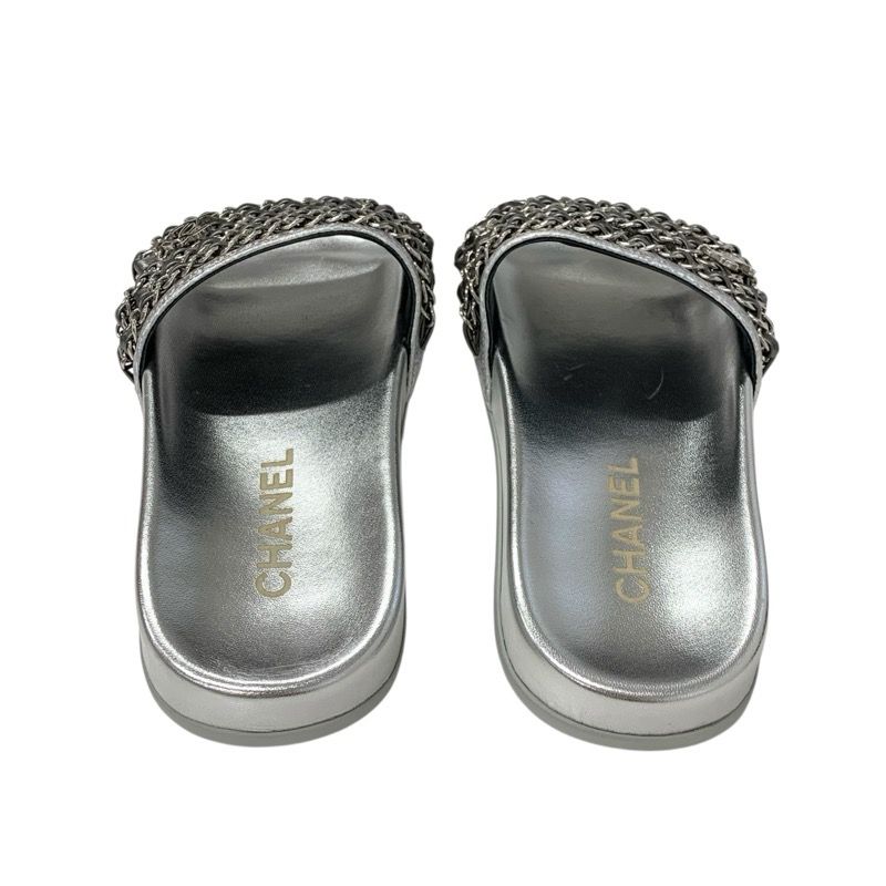 Chanel Sandals Shoes Leather Silver Coco Mark Chain Flat Mule