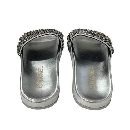 Chanel Sandals Shoes Leather Silver Coco Mark Chain Flat Mule