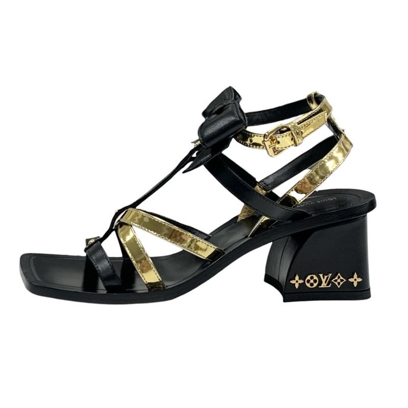 Louis Vuitton Peplum Line Monogram Sandals Shoes Patent Leather Black Gold
