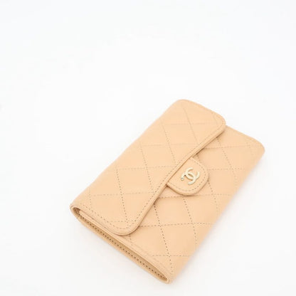 Chanel Matelasse Three-fold Long Wallet Coco Mark Lambskin Beige Silver Hardware