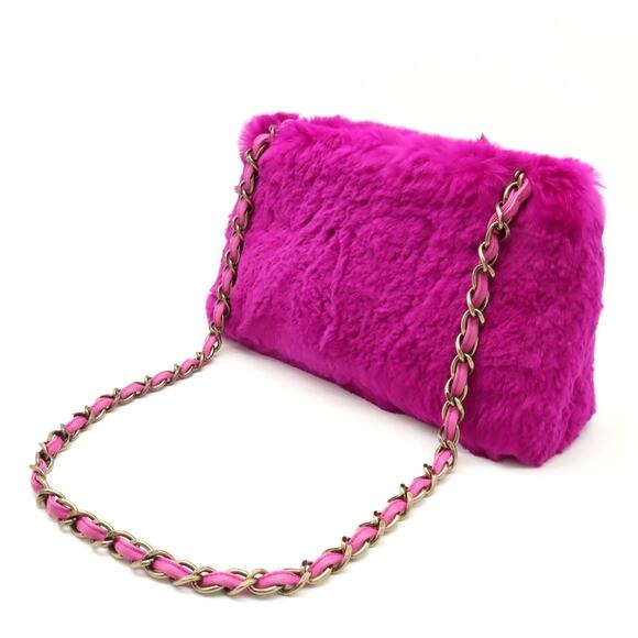 CHANEL CC Vintage Rabbit Fur Hot Pink Purse Chain Shoulder Bag Y2K