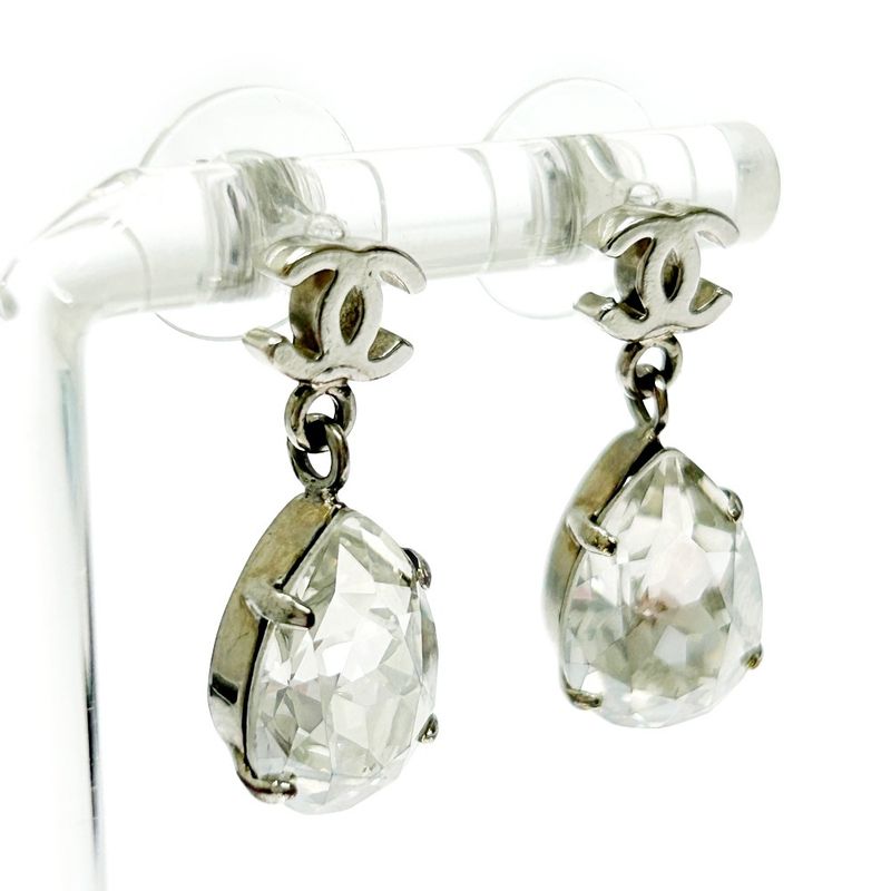 Chanel Metal Rhinestone A12v Coco Mark Swing Earrings Silver 351238 Earrings