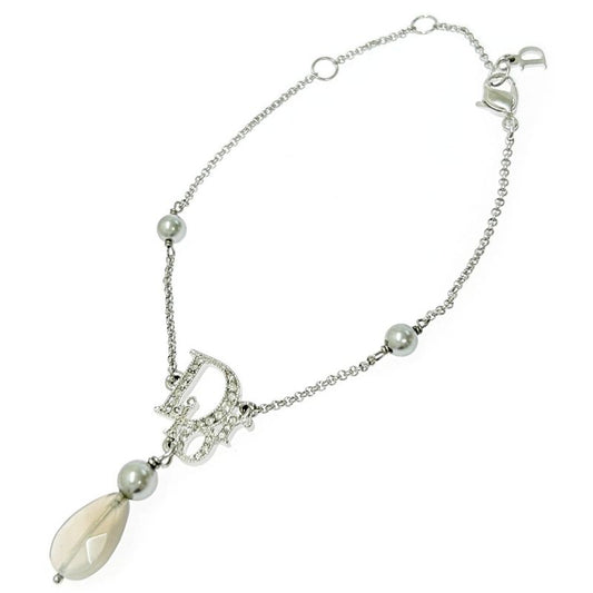 Christian Dior Metal Rhinestone Faux Pearl Dior Logo Bracelet Silver 305483
